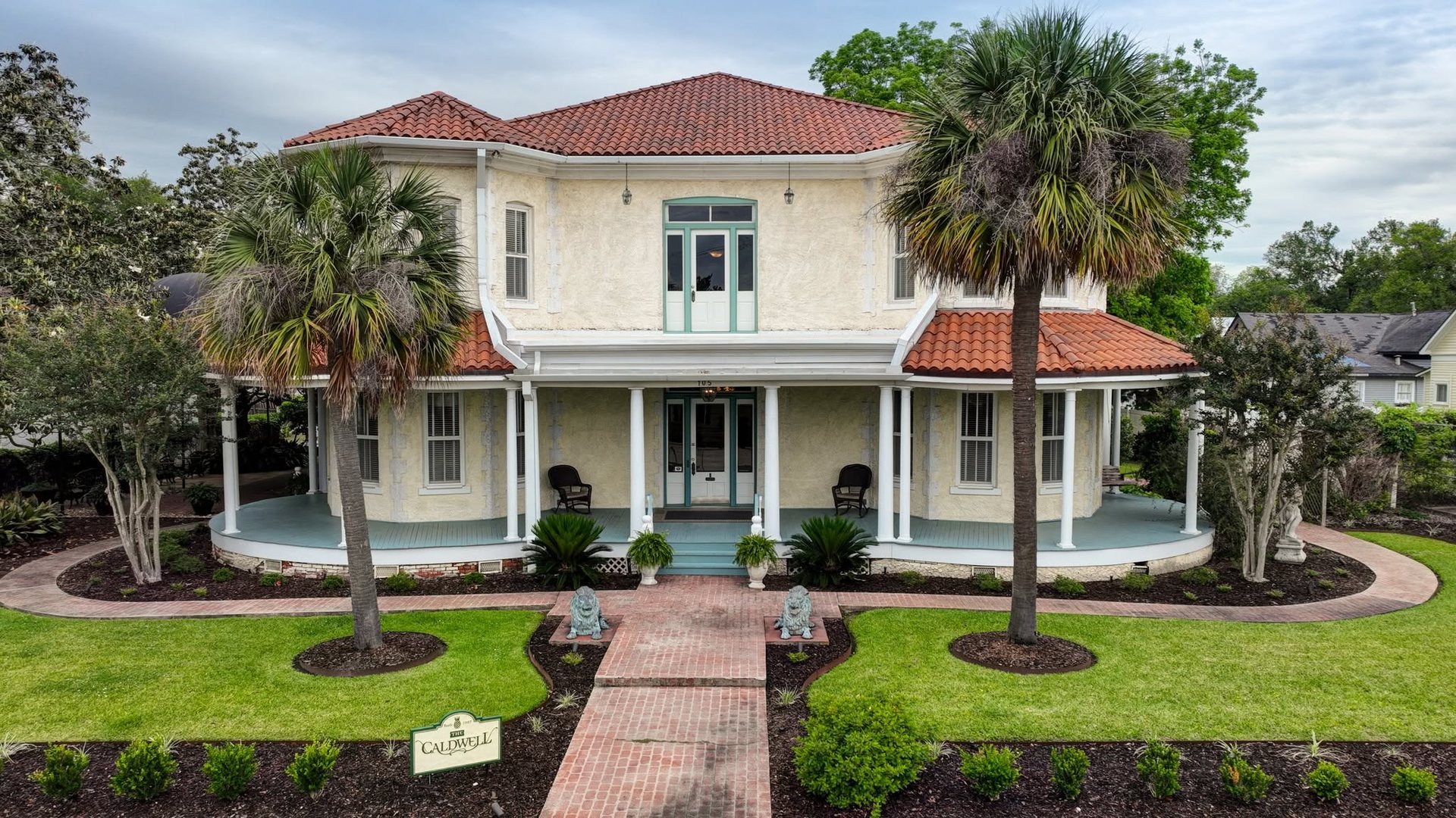 The 1907 façade of The Caldwell House from Vermilion Street in Abbeville, Louisiana